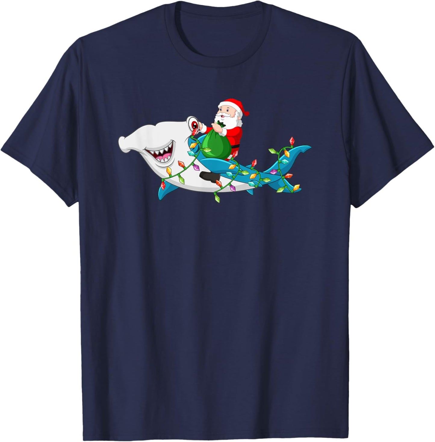 Santa Riding Hammerhead Shark Christmas Light Kids Boys Men T-Shirt - T-Shirt | Navy