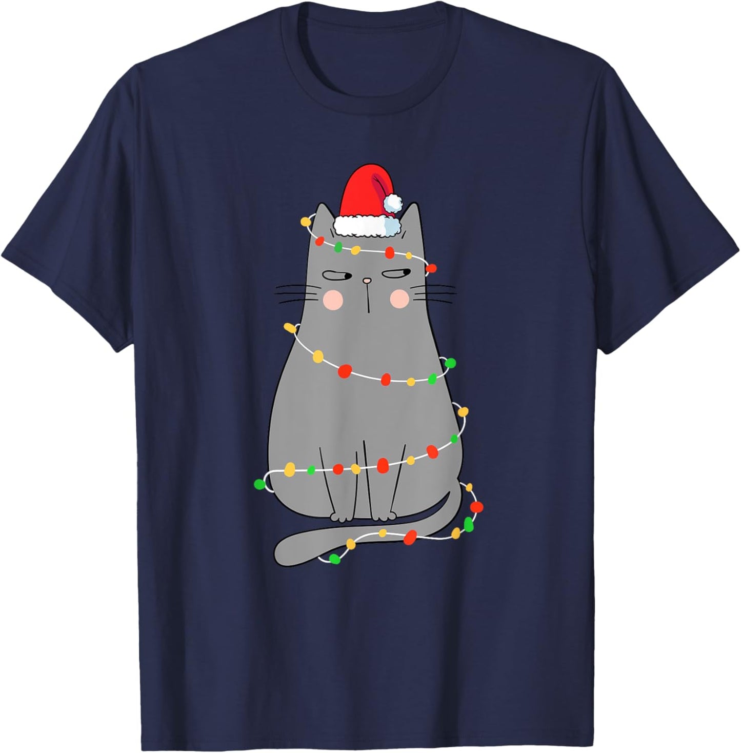 Funny Cat Christmas Shirt Women Christmas Cat Santa Hat Kids T-Shirt - T-Shirt | Navy