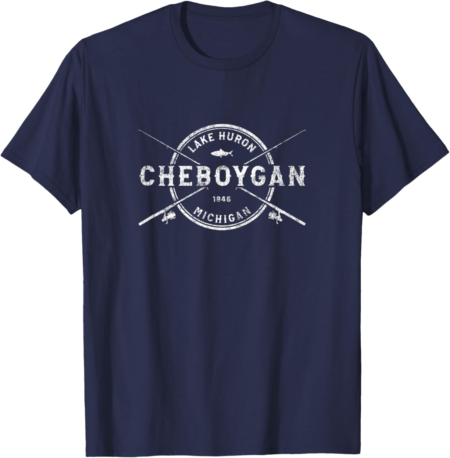 Cheboygan MI Vintage Crossed Fishing Rods T-Shirt - T-Shirt | Navy