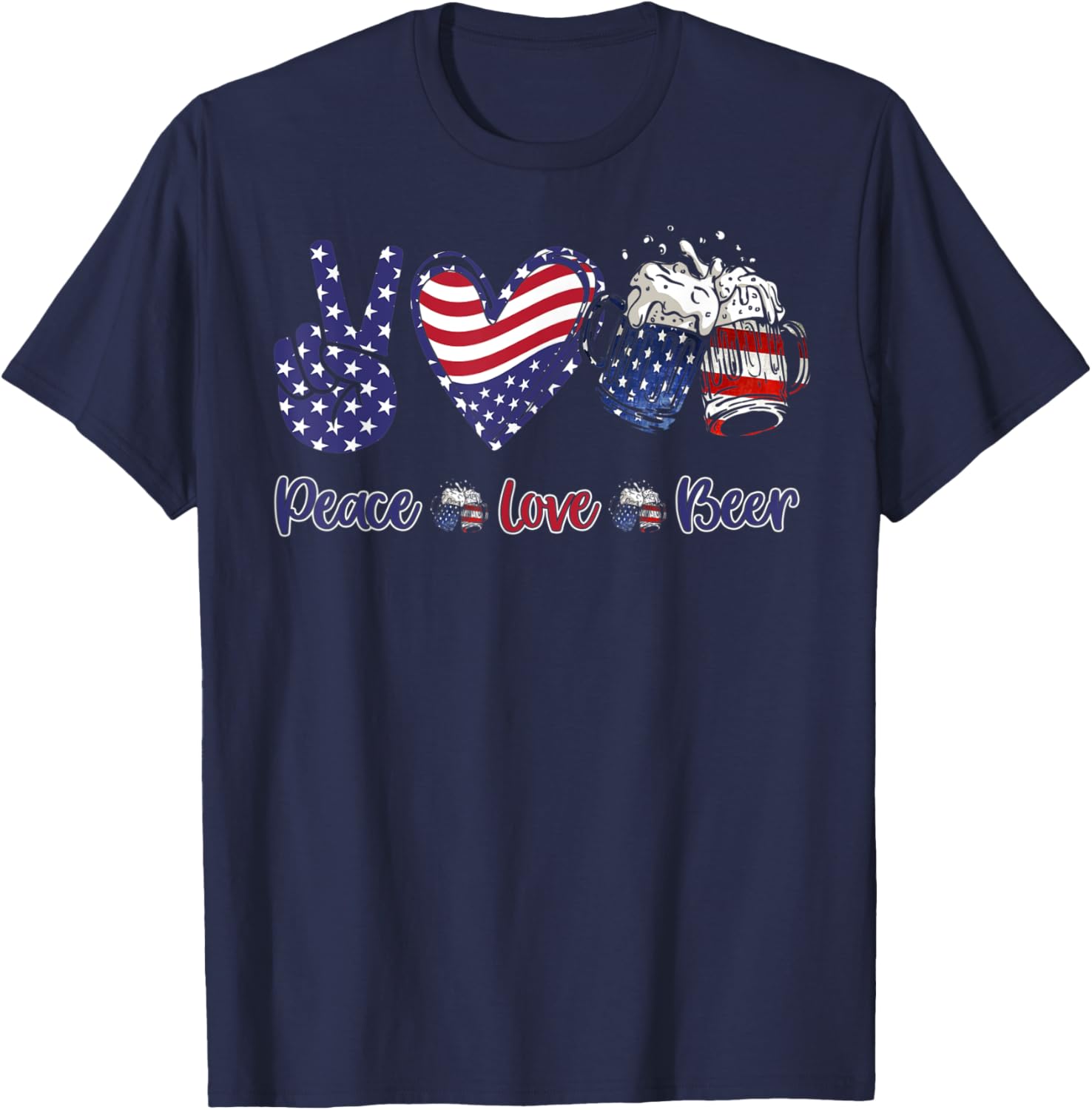 mb35 Peace Love Beer Lover American Flag 4th Of July T-Shirt - T-Shirt | Navy