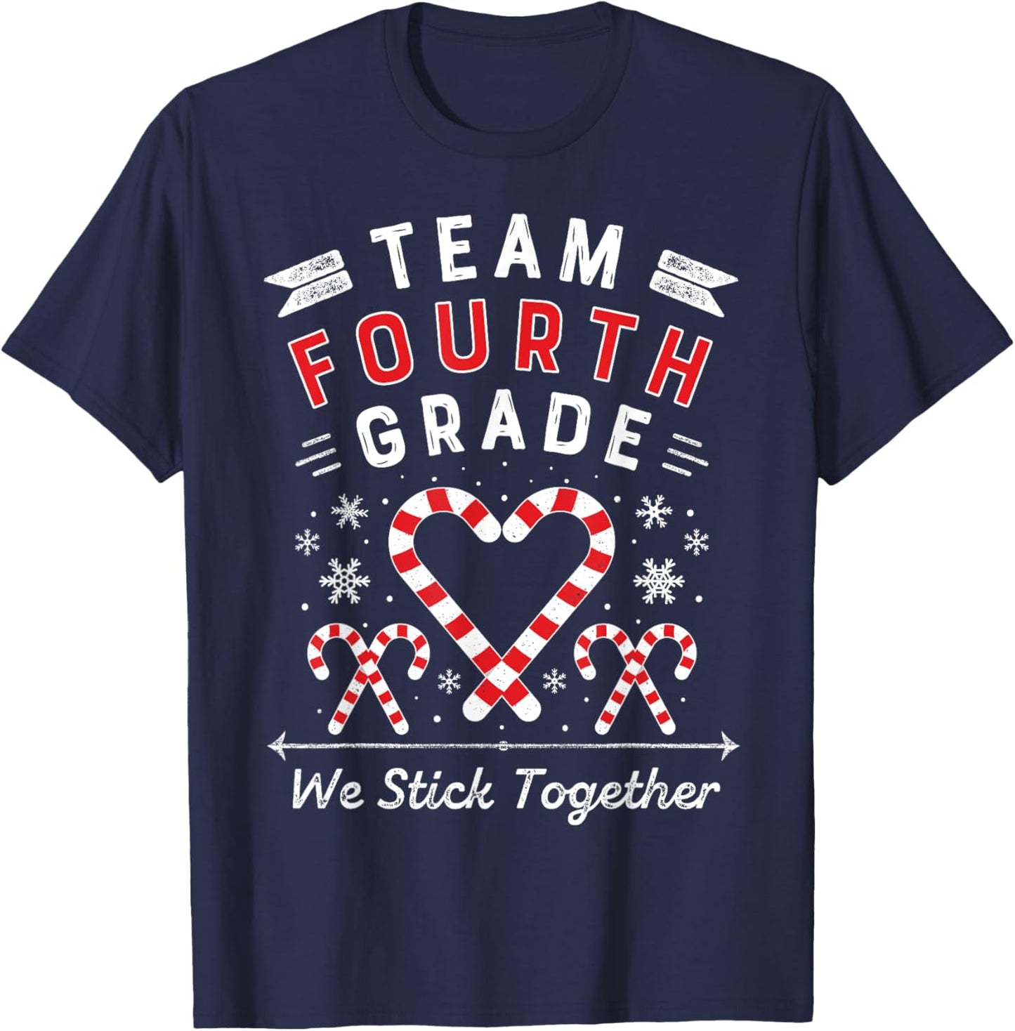 Team Fourth Grade Christmas Candy Cane Heart | Xmas Teacher T-Shirt - T-Shirt | Navy