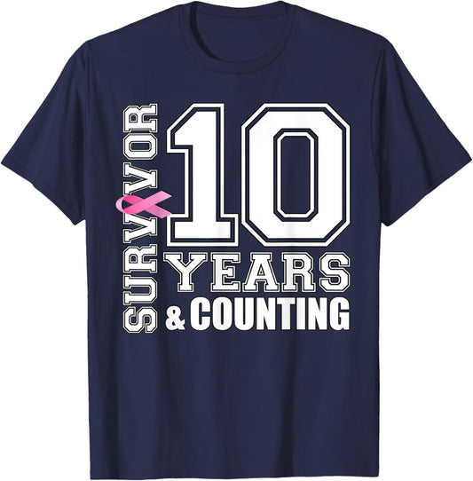 10 Years Breast Cancer Survivor Pink Ribbon Gifts T-Shirt - T-Shirt | Navy