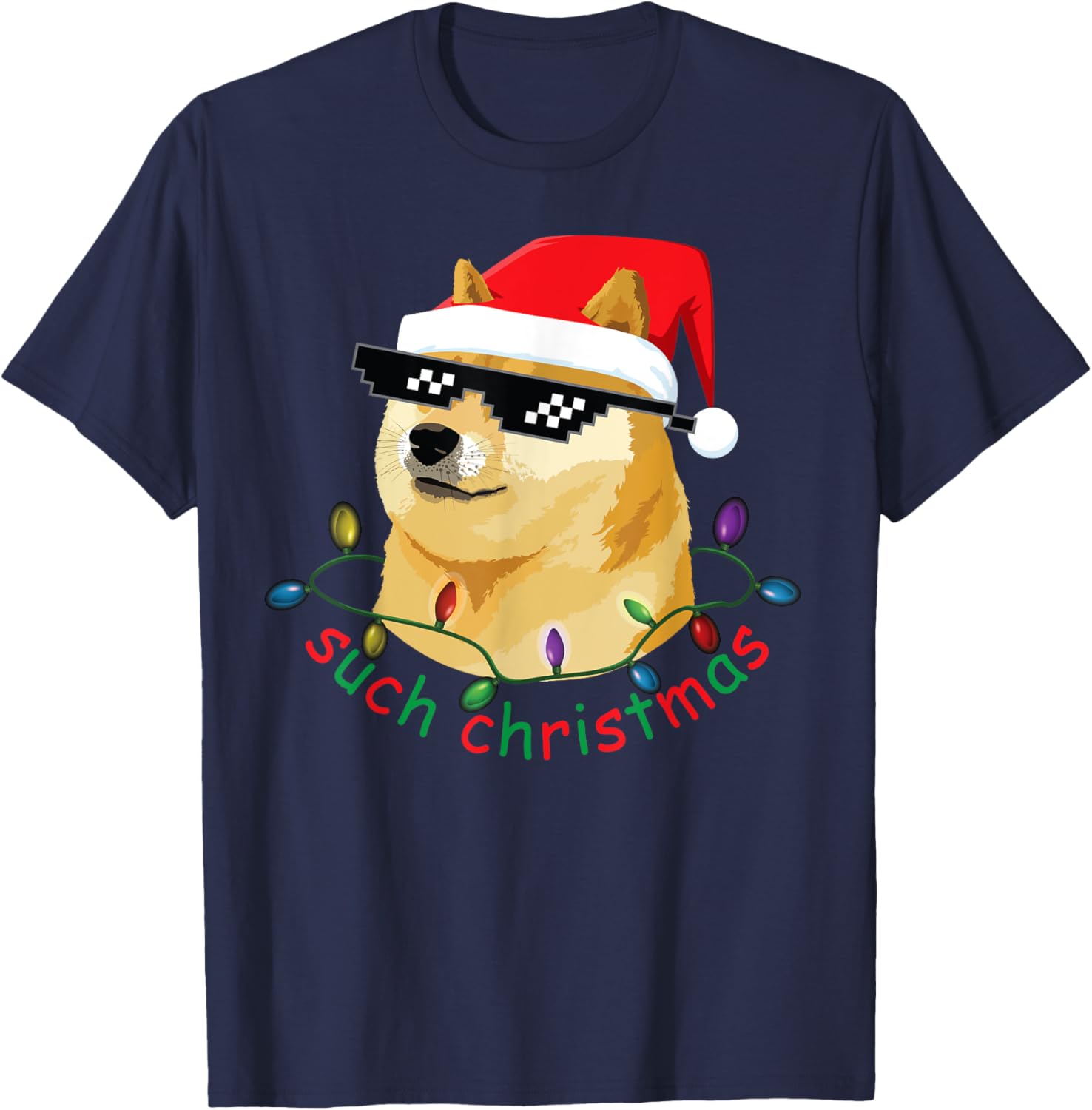 Funny Shiba Inu Doge Such Christmas Meme Dogecoin Santa Hat T-Shirt - T-Shirt | Navy