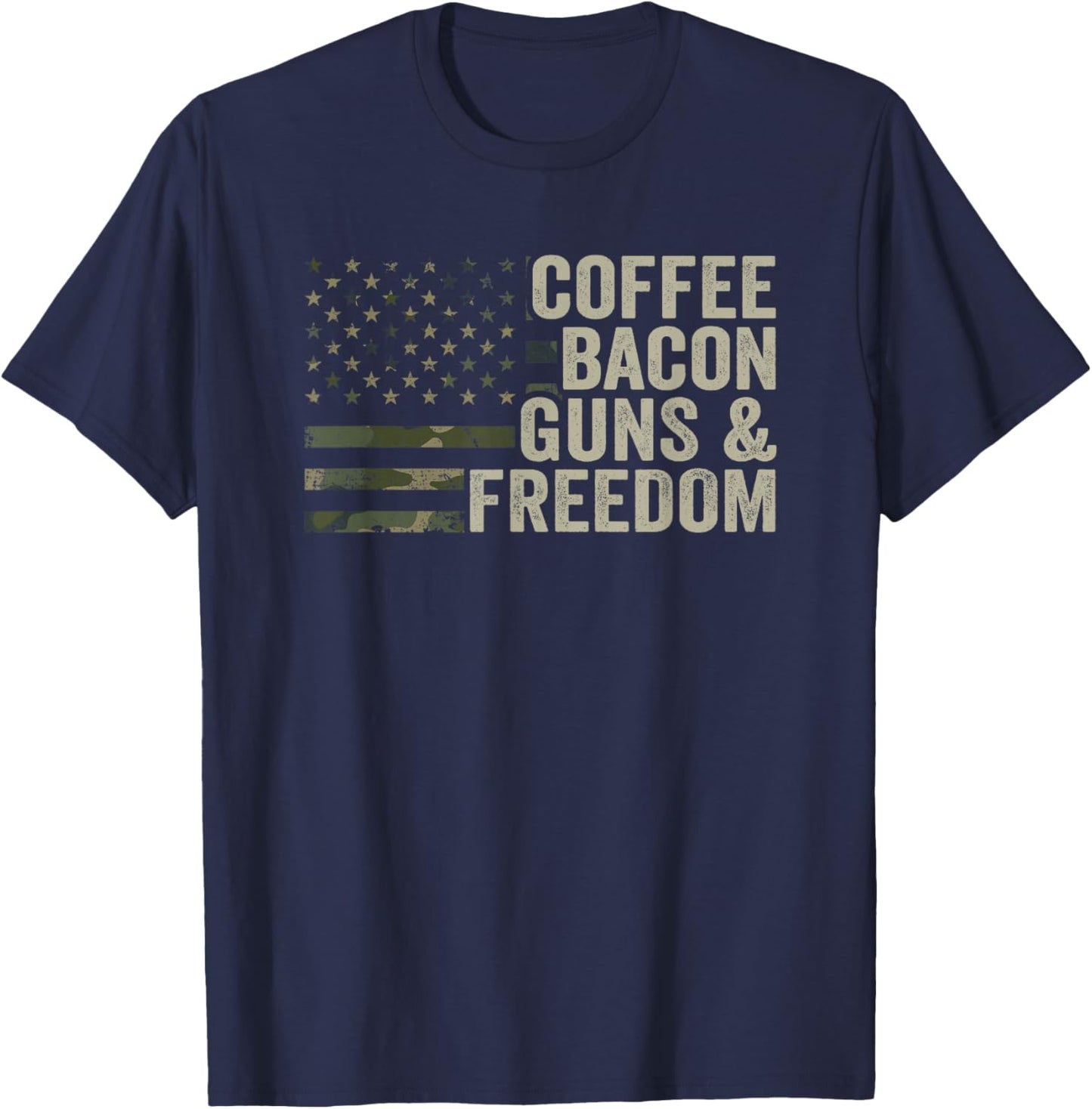 Coffee Bacon Guns & Freedom - BBQ Grill Gun Camouflage Flag T-Shirt - T-Shirt | Navy
