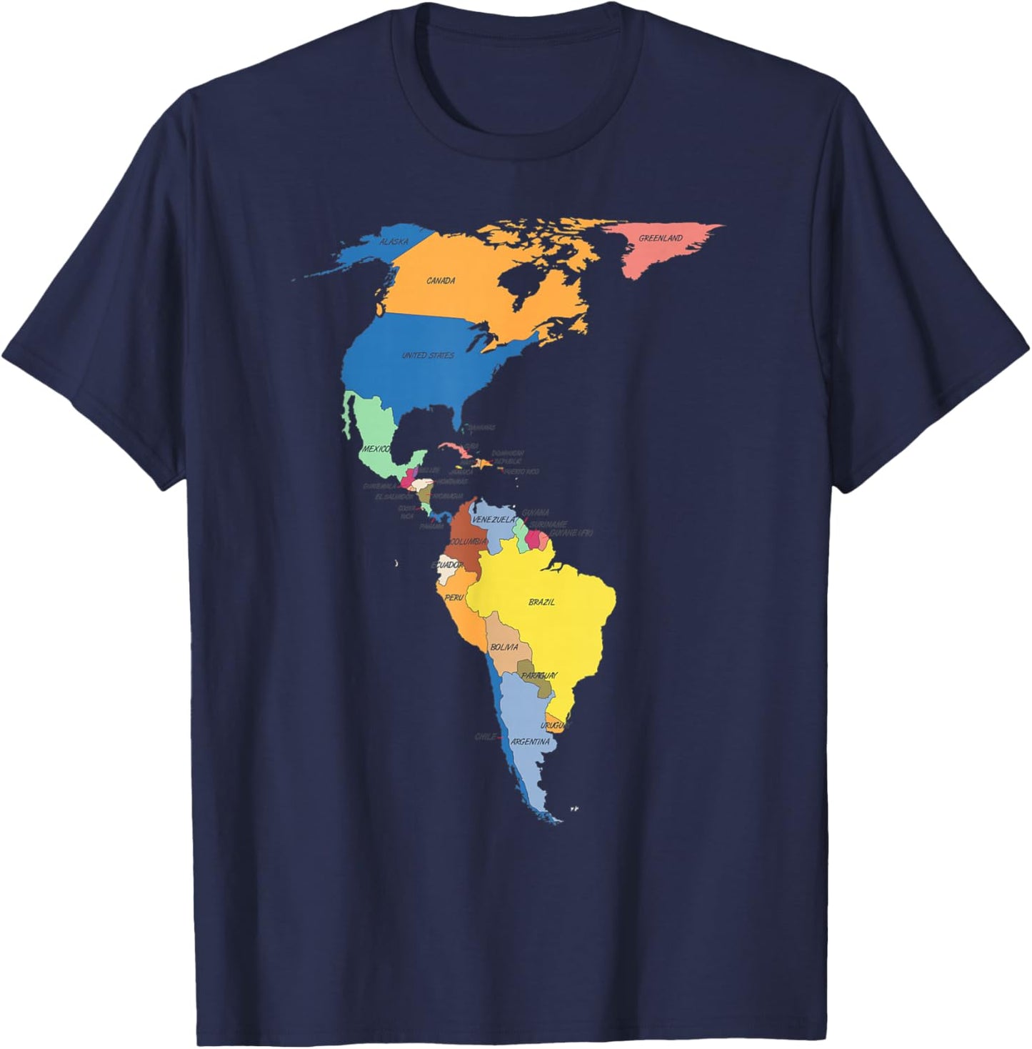 colored Map of North and South America with country names T-Shirt - T-Shirt | Navy