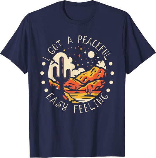 Valgory Vintage -Adults Black Cotton, Polyester Blend - I Got An Easy Peaceful Feeling Mountains Cactus T-Shirt - T-Shirt | Navy