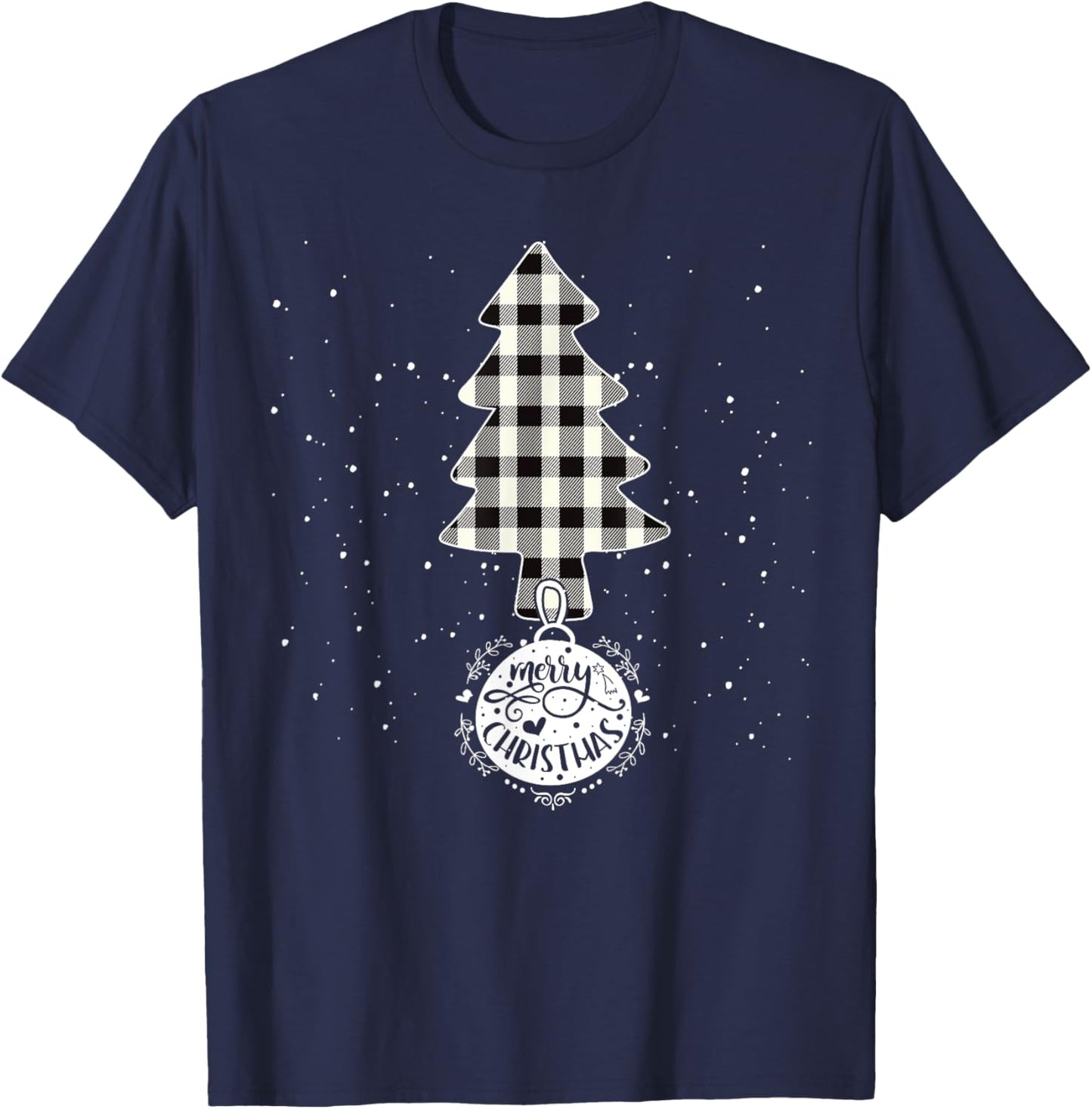 Christmas Tree White Black Buffalo Plaid Tree Merry Xmas T-Shirt - T-Shirt | Navy