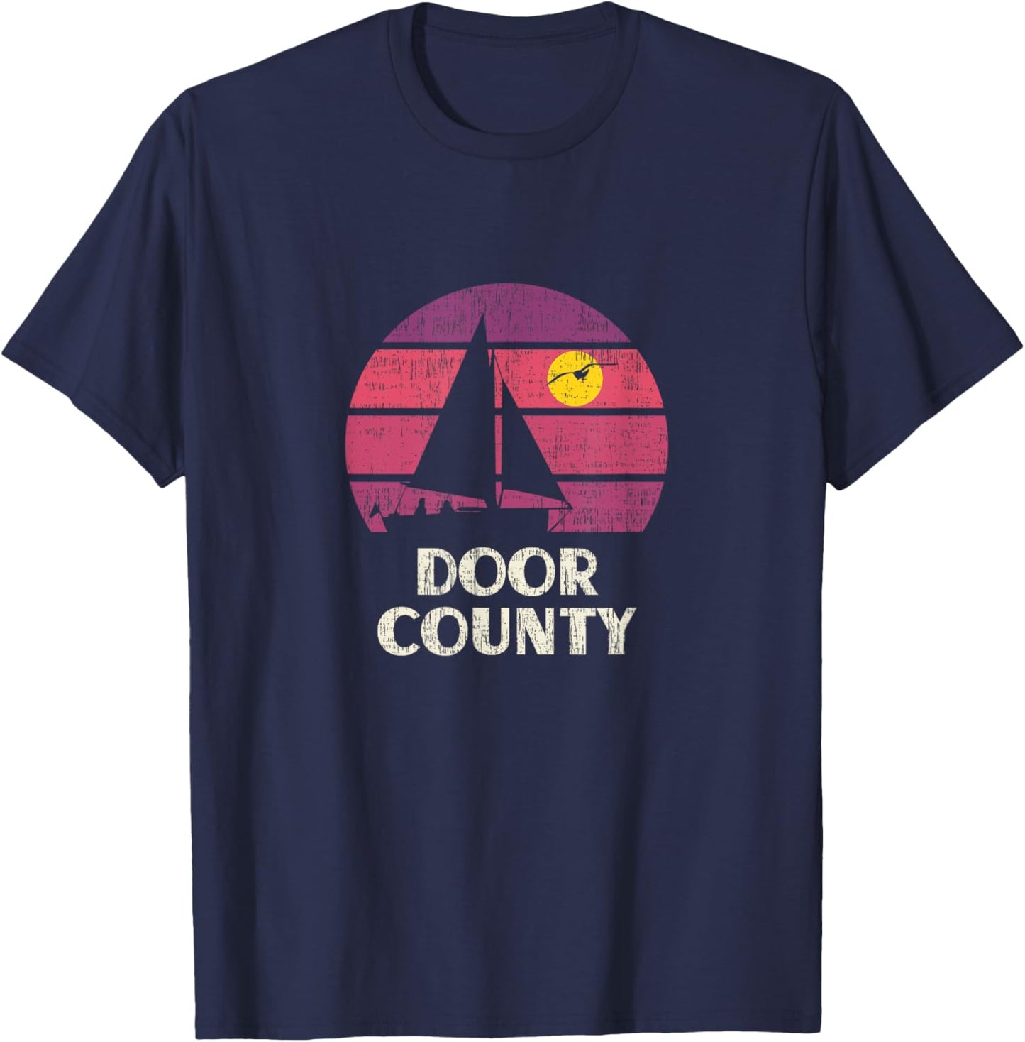 Door County WI Sailing Retro 70s Vintage Sunset Sailboat T-Shirt - T-Shirt | Navy
