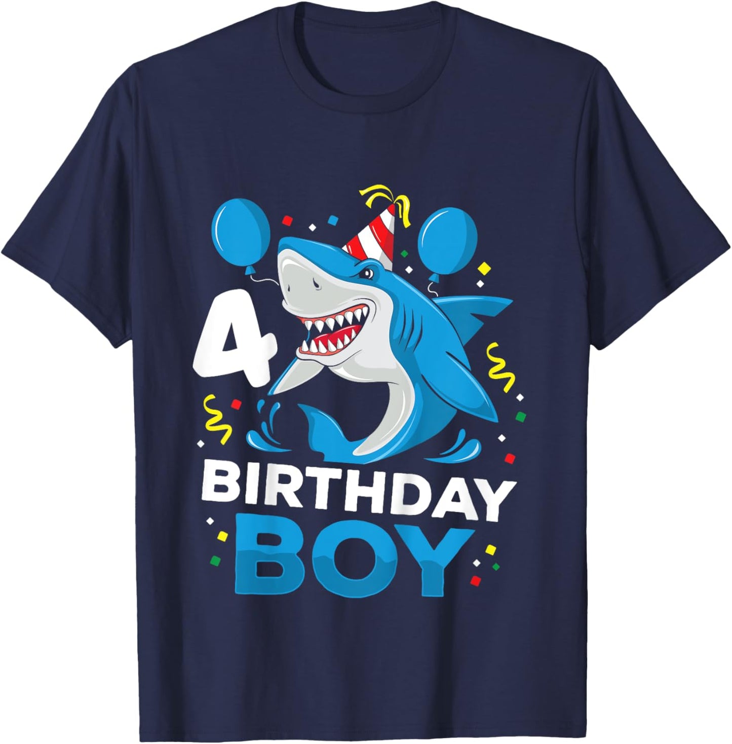 Kids 4th Birthday Boy Shark Ocean Theme Party 4 Years Old Toddler T-Shirt - T-Shirt | Navy