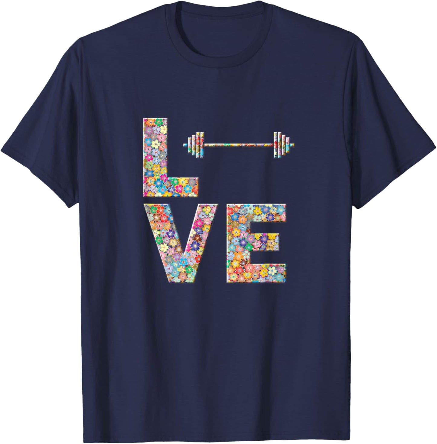 Barbell Gym Workout Love Flowers T-Shirt - T-Shirt | Navy