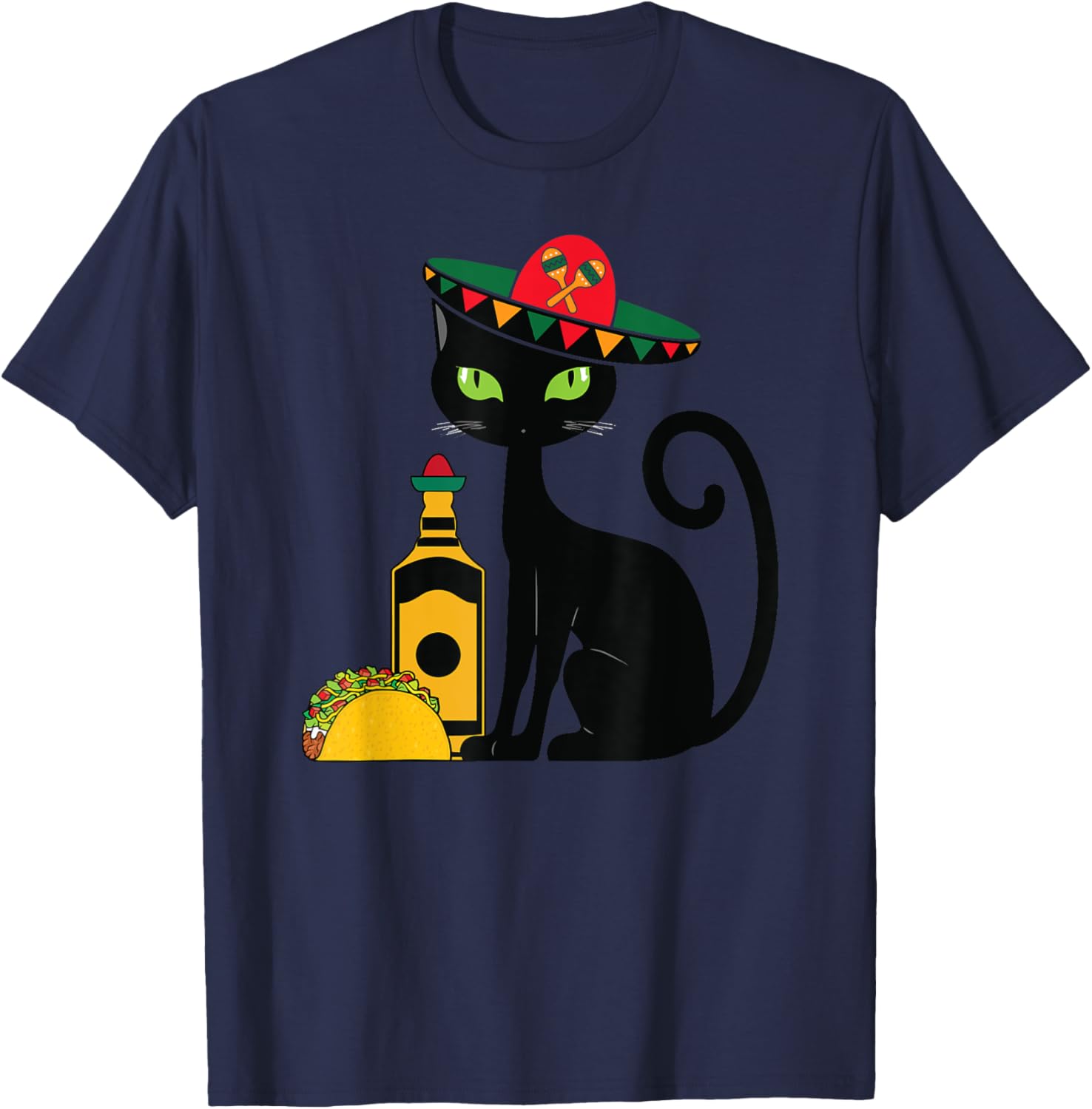 Cinco De Mayo Black Cat With Sombrero Tequila Funny Women T-Shirt - T-Shirt | Navy