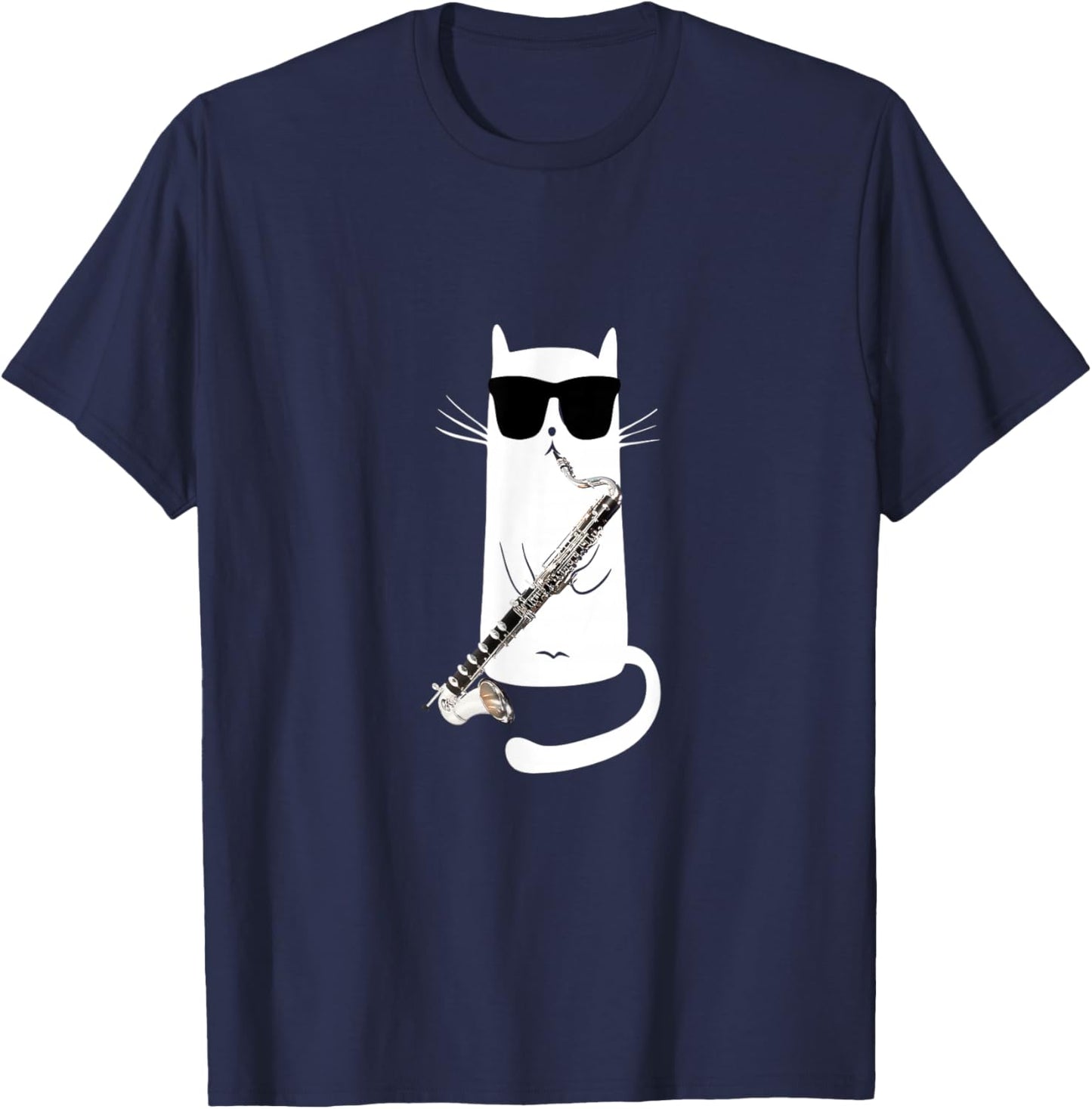 Funny Cat Wearing Sunglasses Playing Bass Clarinet T-Shirt - T-Shirt | Navy