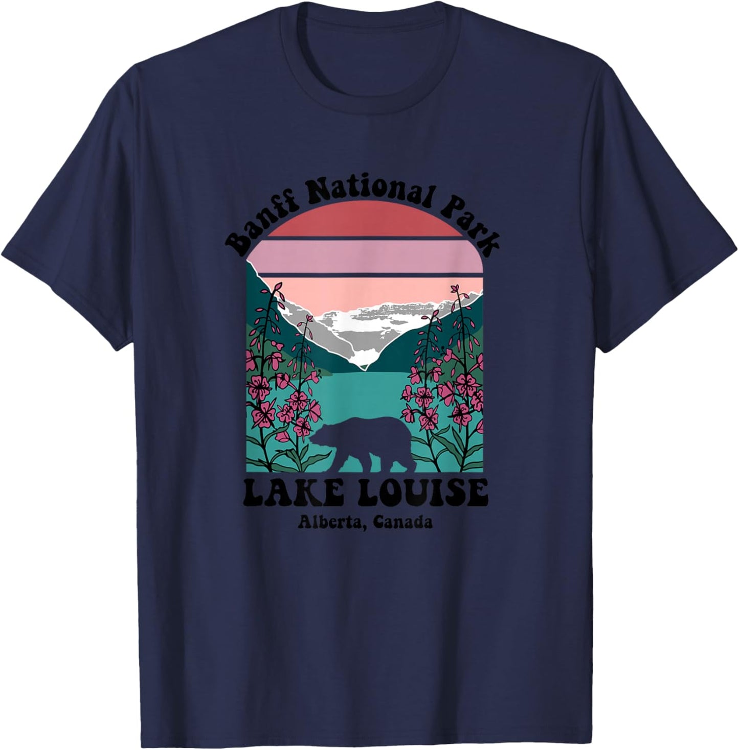 Banff National Park Lake Louise Retro Floral Mountain T-Shirt - T-Shirt | Navy
