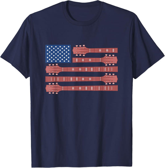 Guitar USA Flag America Independence Day 4th July Musician Women Kids Men T-Shirt - T-Shirt | Navy