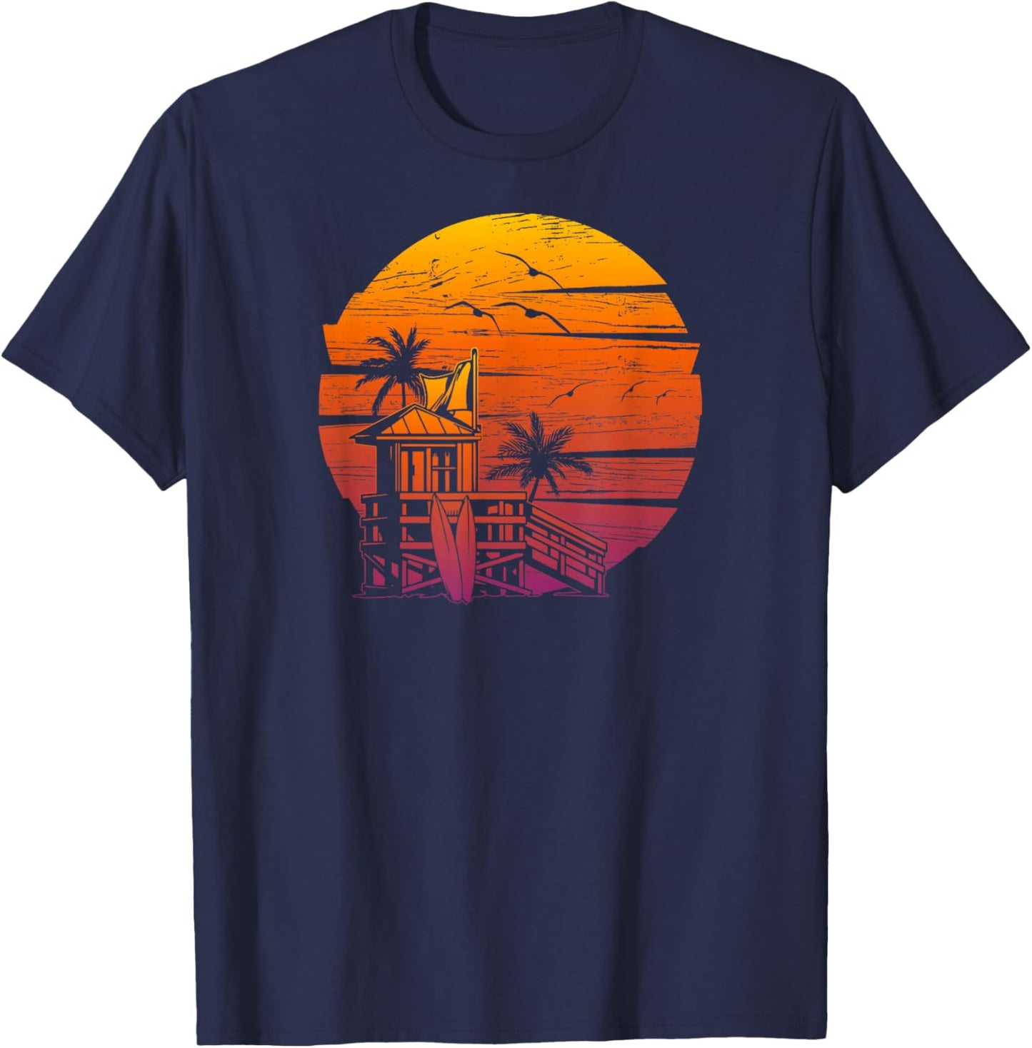Vintage Beach Lifeguard Tower Distressed Sunset T-Shirt - T-Shirt | Navy