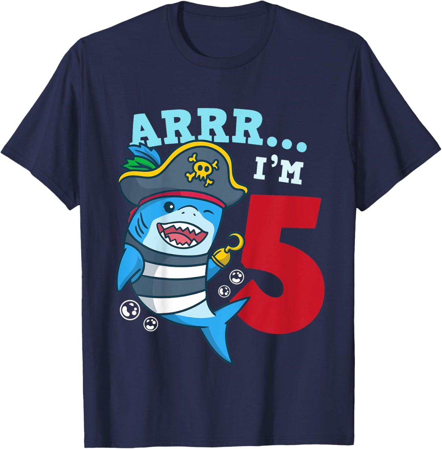 5th Birthday Pirate Shark I’m 5 Five Years Old Gift T-Shirt - T-Shirt | Navy