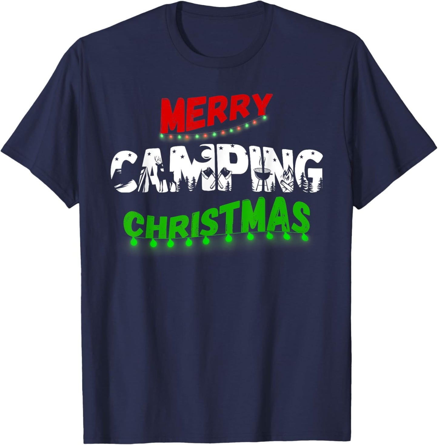 RV and Tent Camping Lovers Merry Christmas Lights - Campers T-Shirt - T-Shirt | Navy