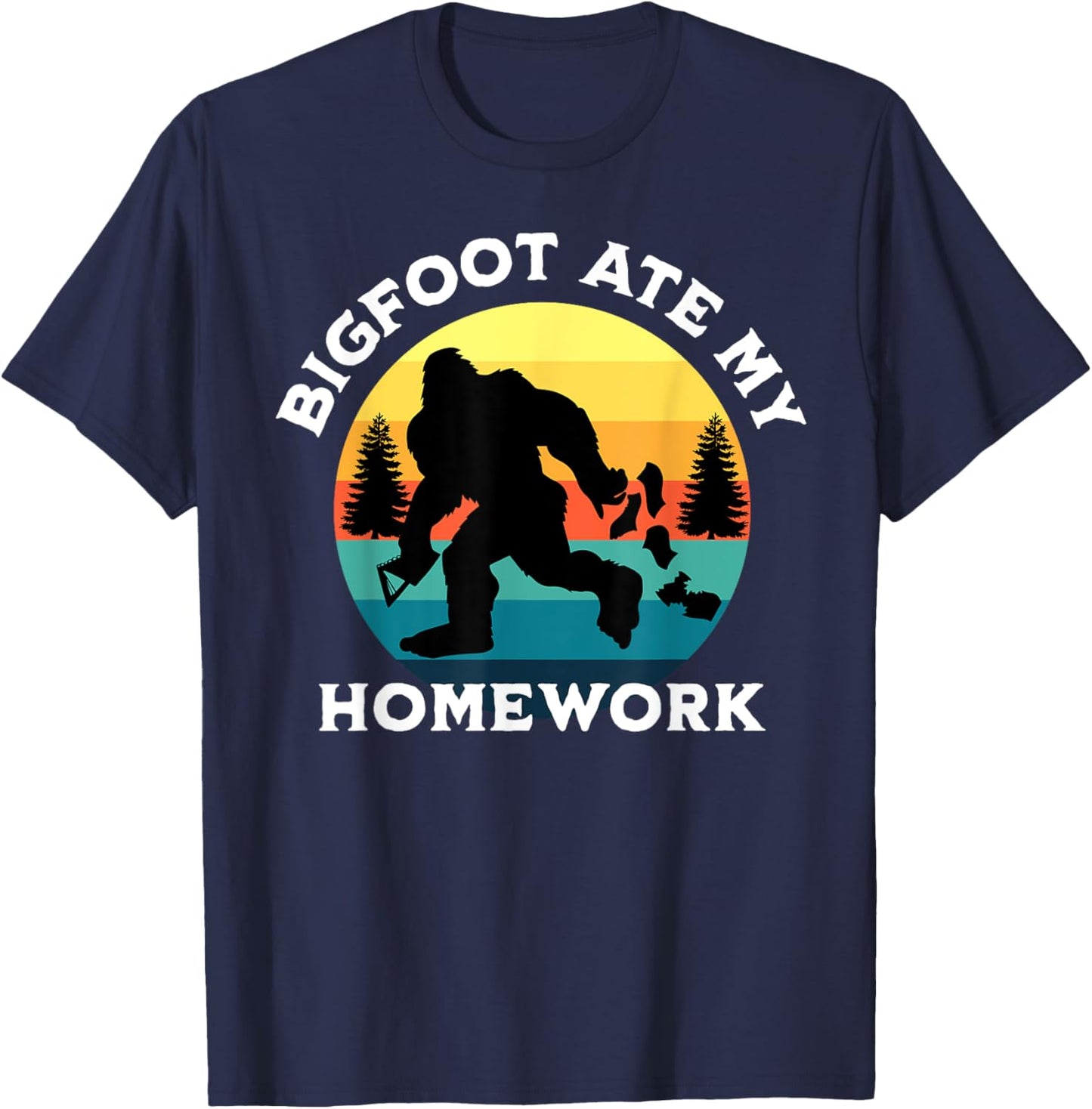 Vintage Retro Bigfoot Ate My Homework Funny Sasquatch T-Shirt - T-Shirt | Navy