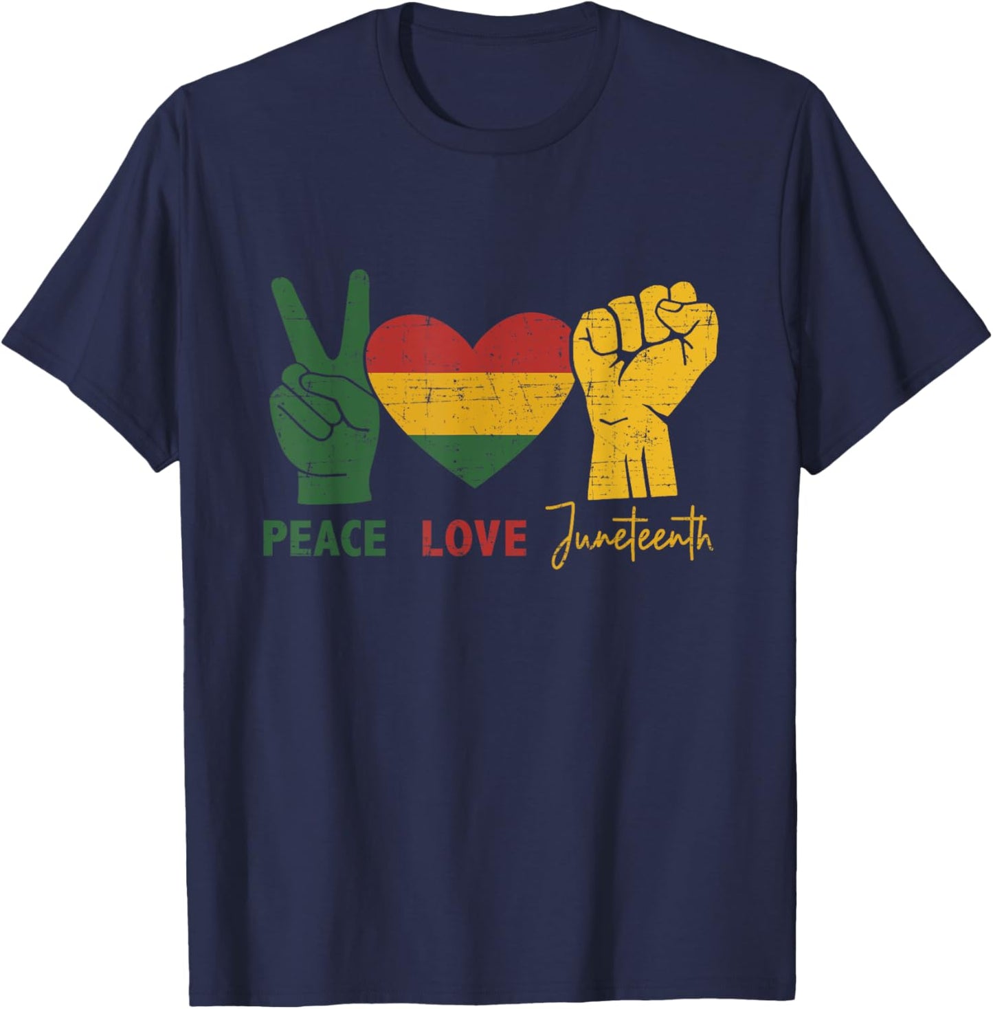 Peace Love Juneteenth with african flag heart and fist T-Shirt - T-Shirt | Navy