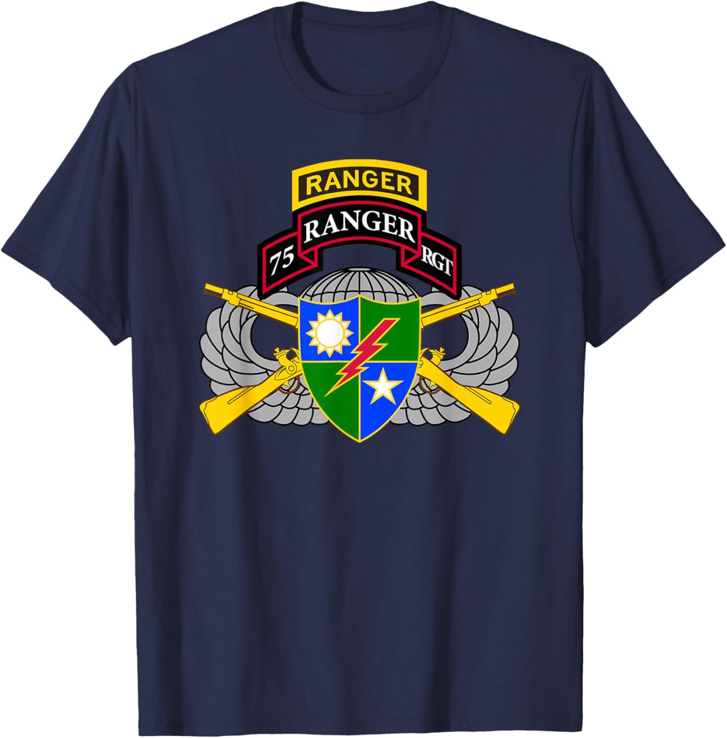 US Army Ranger - 75th Scroll, Tab, Airborne Wings, Rifles T-Shirt - T-Shirt | Navy
