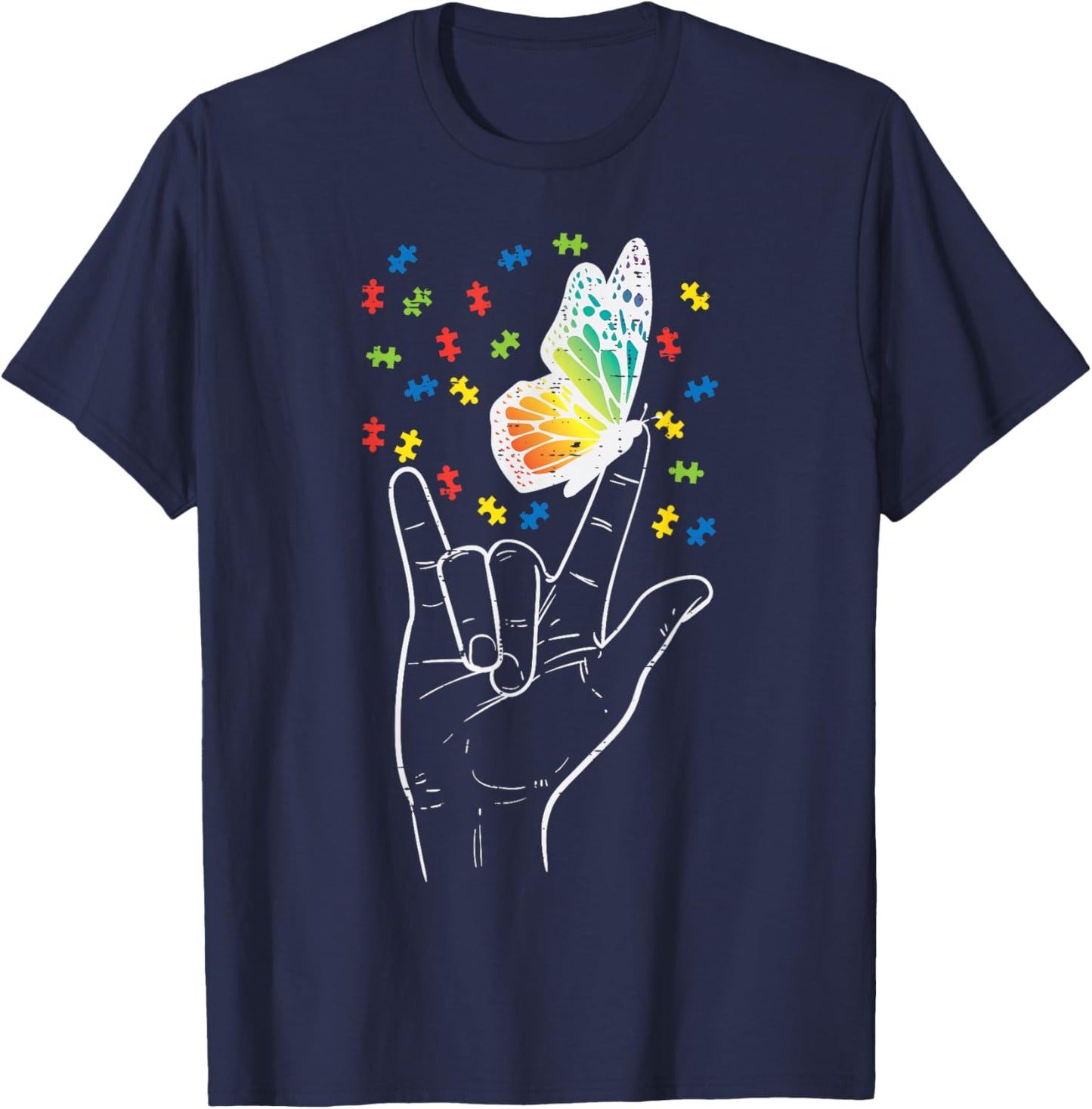 Asl Love Sign Butterfly Puzzle Autism Awareness Sped Teacher T-Shirt - T-Shirt | Navy