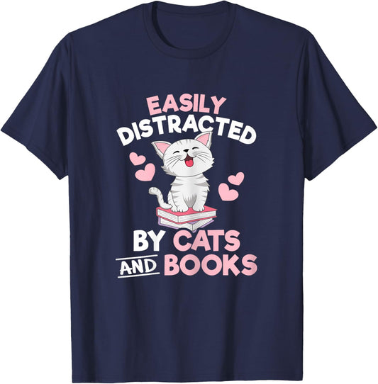 Easily Distracted by Cats and Books Book Lover Women Girls T-Shirt - T-Shirt | Navy