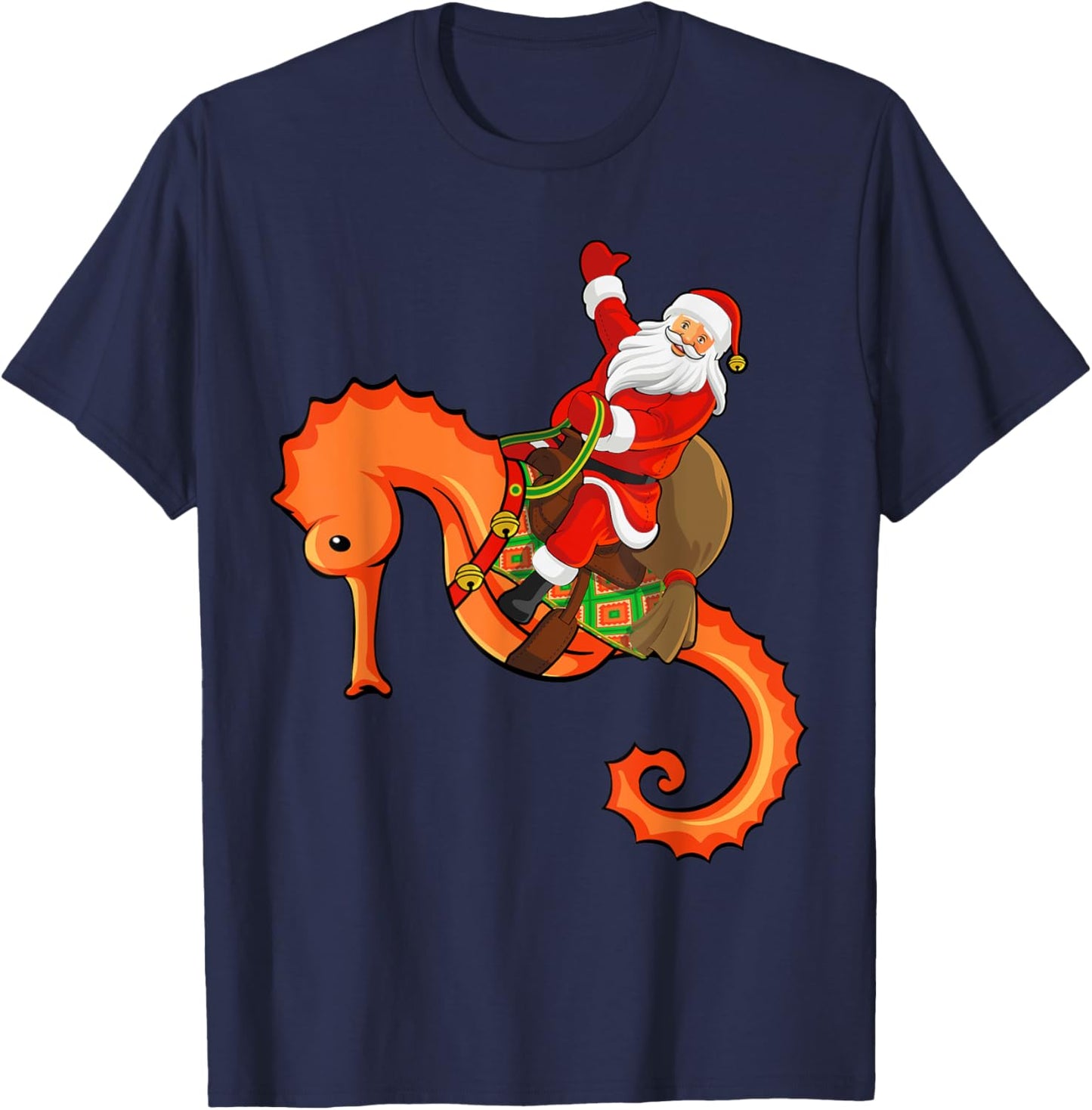 Funny Seahorse Fish Lover Santa Riding Seahorse Christmas T-Shirt - T-Shirt | Navy