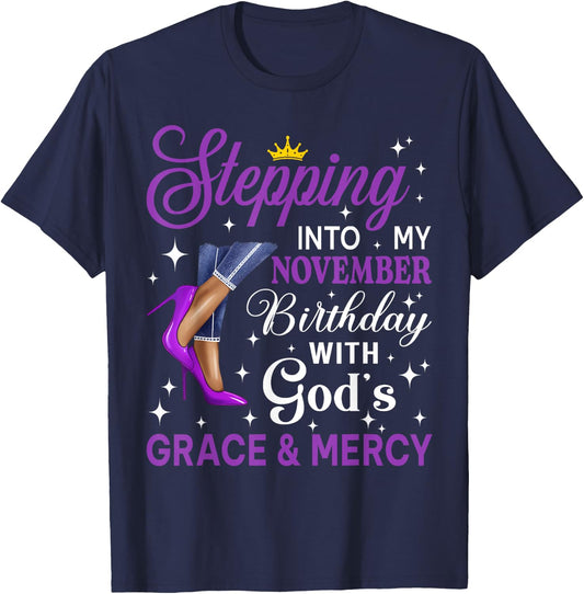 Stepping Into My November Birthday Afro Woman Purple Heels T-Shirt - T-Shirt | Navy