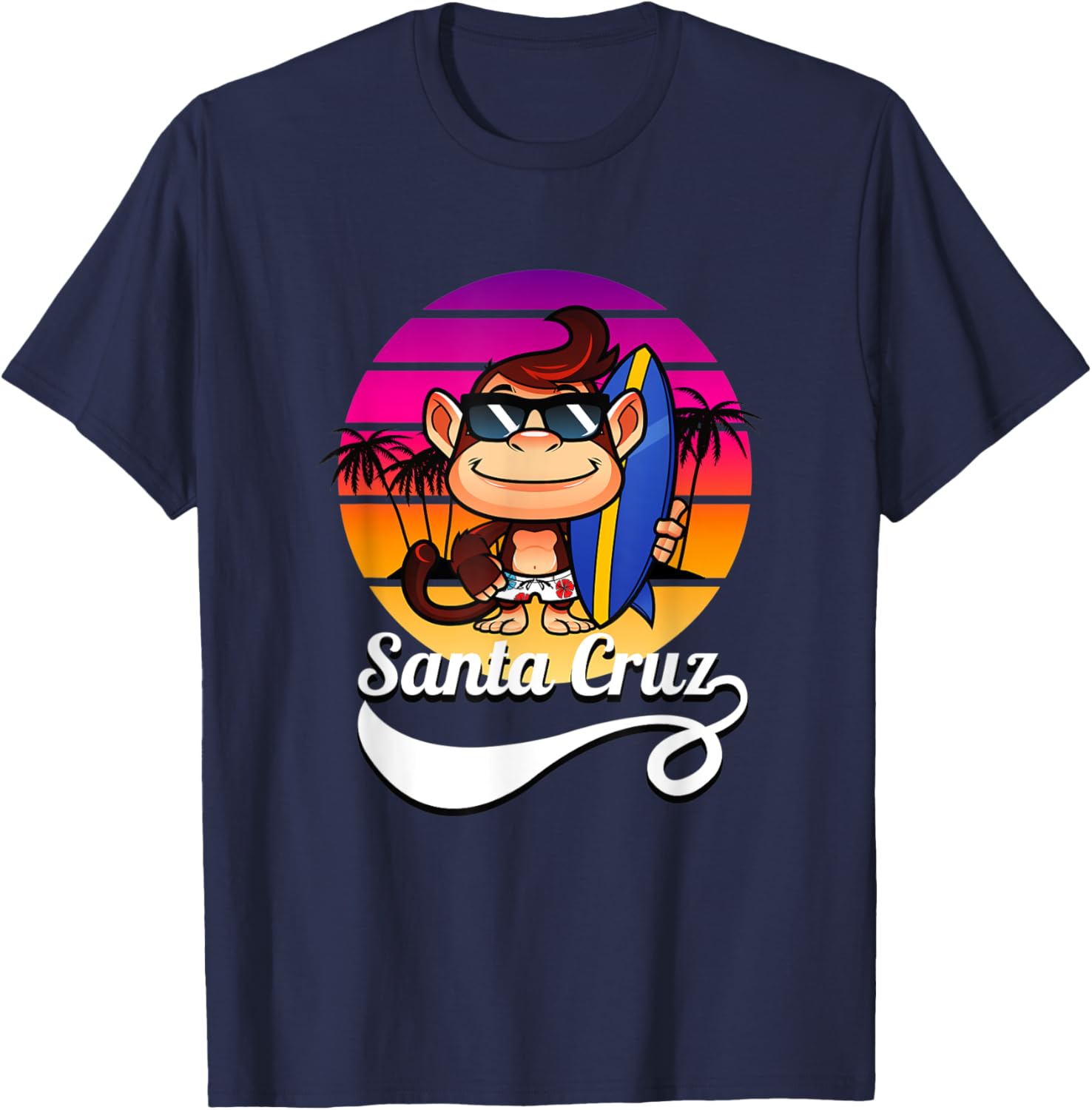 Surfer Monkey Santa Cruz California Retro Sun Fun T-Shirt - T-Shirt | Navy