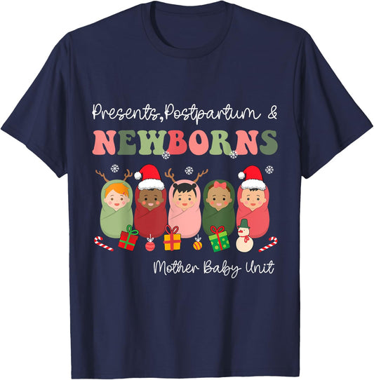 Presents Postpartum & Newborns Mother Baby Nurse Christmas T-Shirt - T-Shirt | Navy