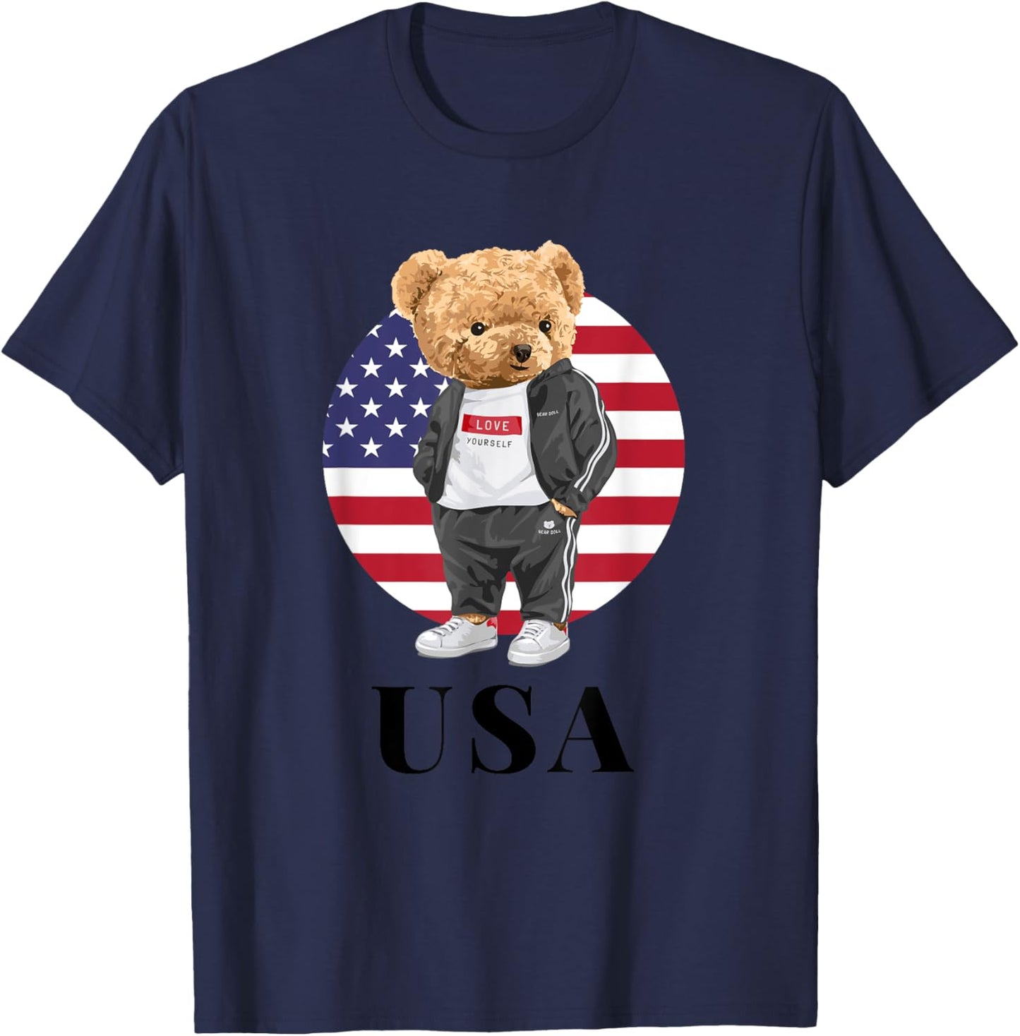 Love Yourself, Cool Illustration Teddy Bear With USA Flag T-Shirt - T-Shirt | Navy