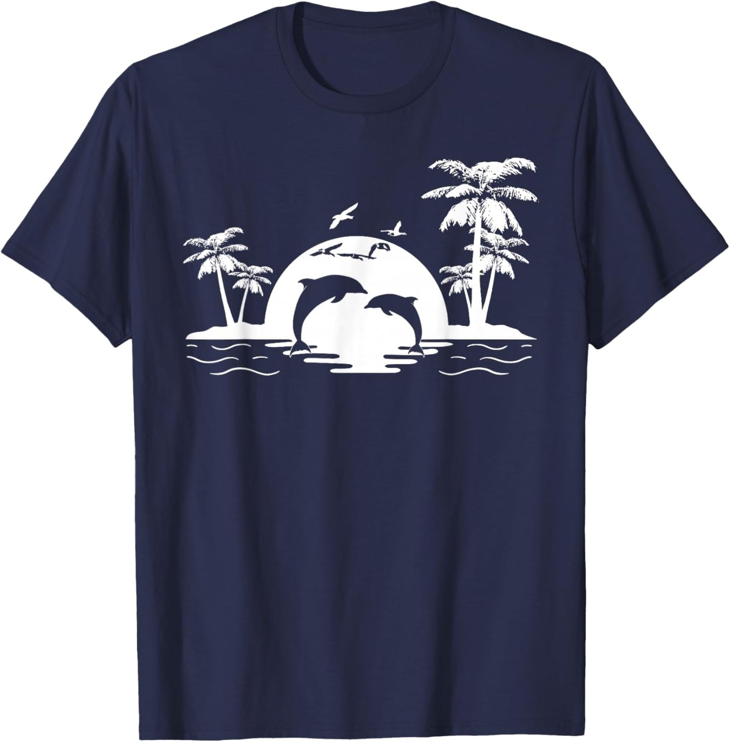 2 Dolphins Jumping Beach Sunset Island T-Shirt - T-Shirt | Navy