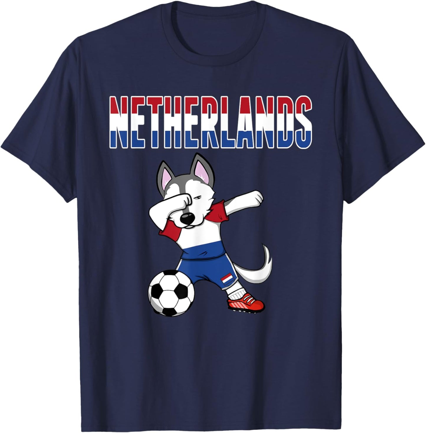 Dabbing Husky Dog Netherlands Soccer Fans Jersey Dutch Flag Men Women Kids T-Shirt - T-Shirt | Navy