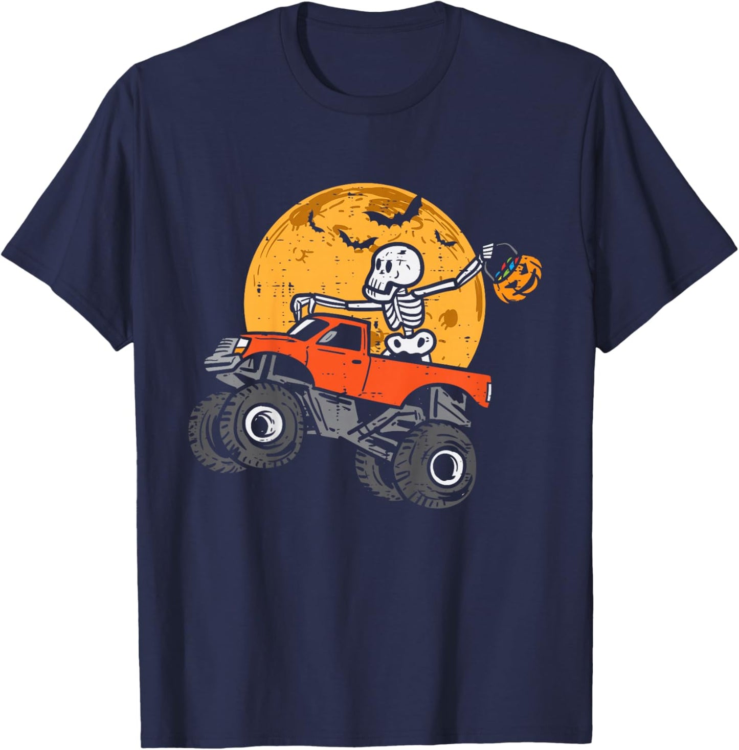 Kids Skeleton Monster Truck Moon Candy Toddler Boys Halloween Kid T-Shirt - T-Shirt | Navy