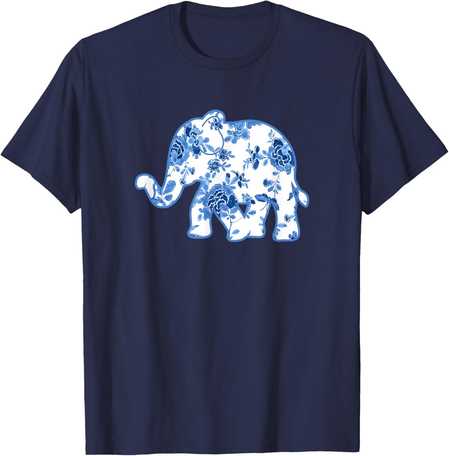Elephant Chinoiserie Shirt Blue White Floral Pattern T-Shirt - T-Shirt | Navy