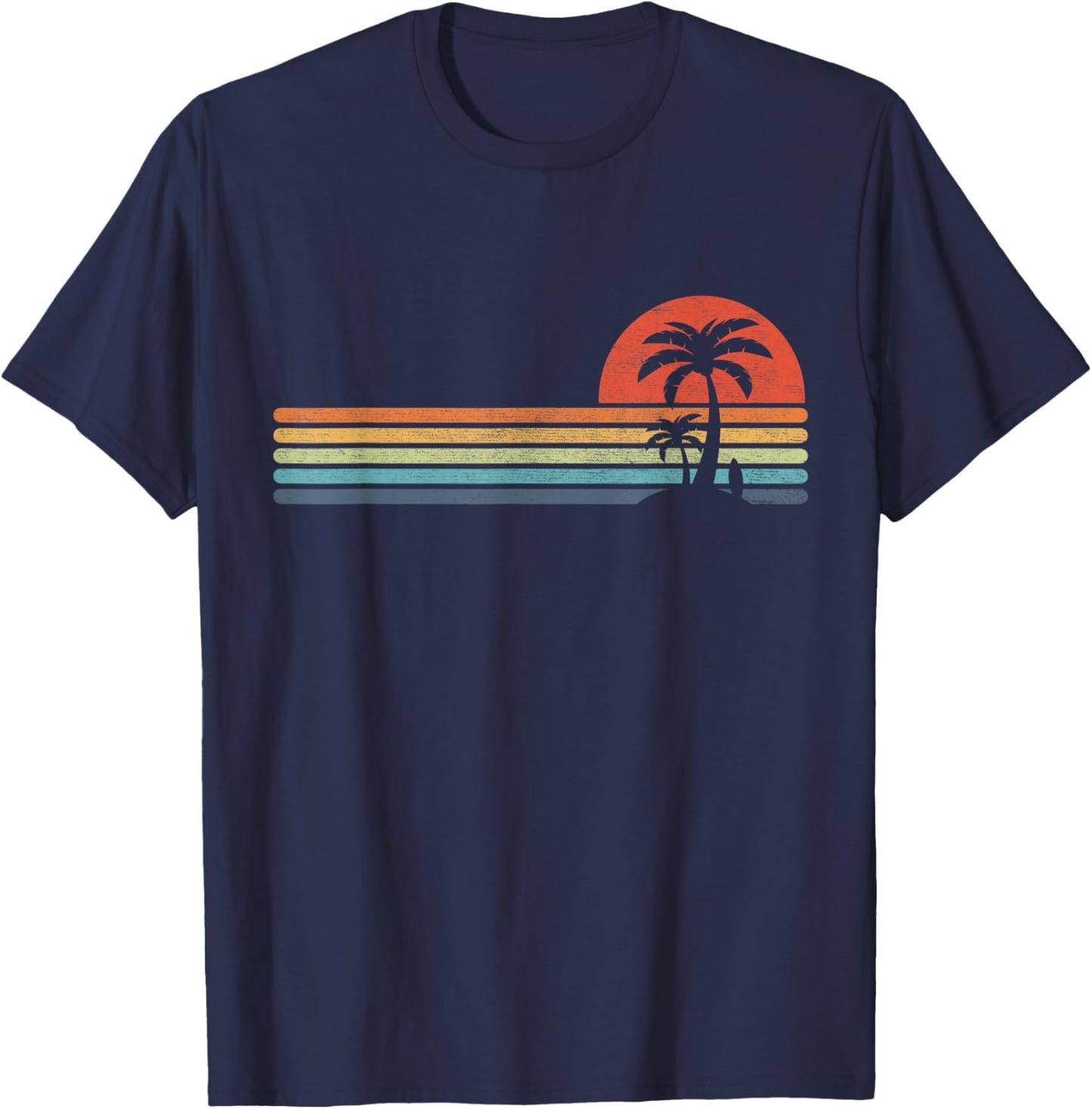 Palm Tree Surfboard Retro Tropical Beach Island Stripes Surf T-Shirt - T-Shirt | Navy