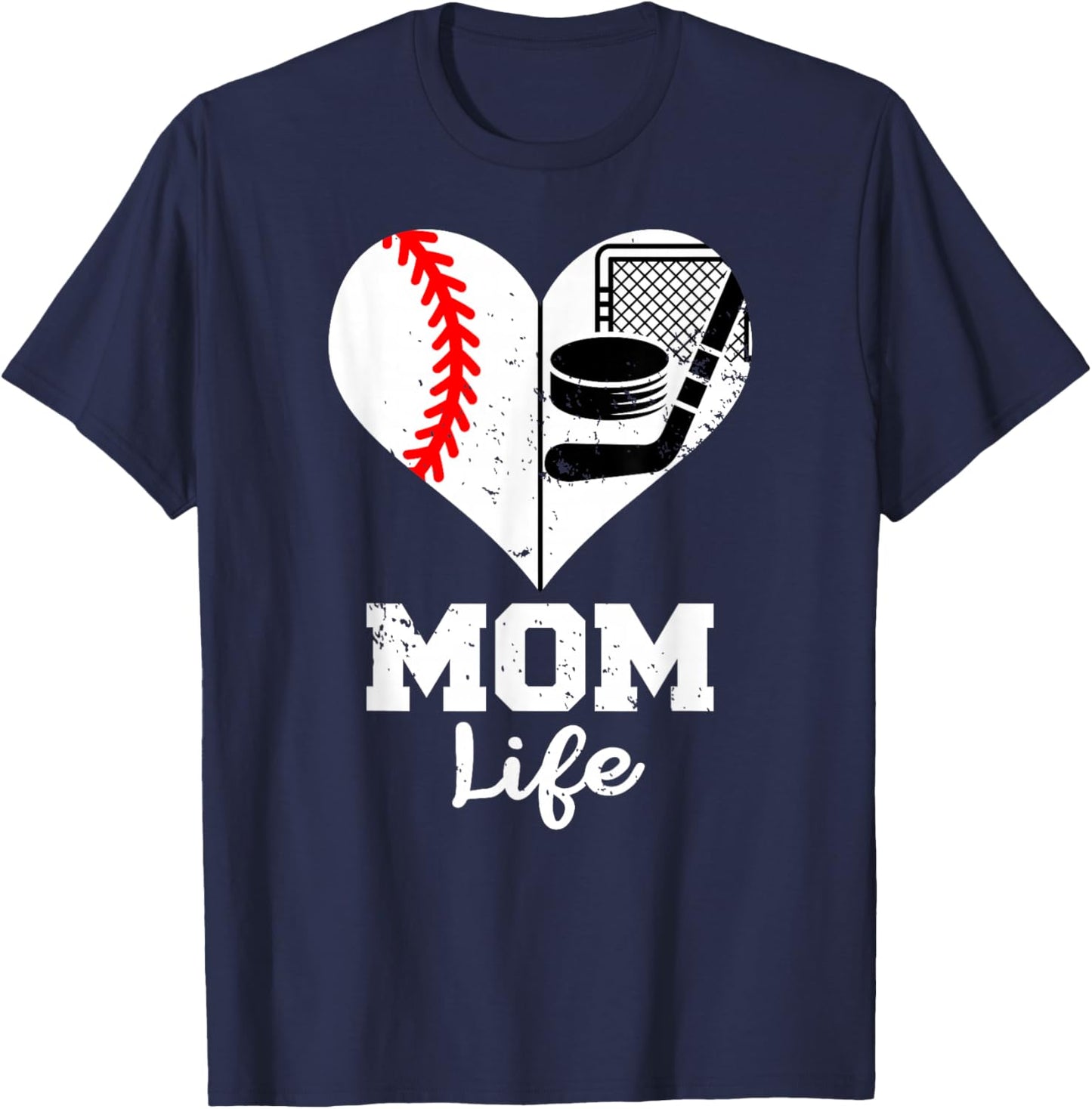 Mom Life Heart Funny Baseball Hockey Mom T-Shirt - T-Shirt | Navy