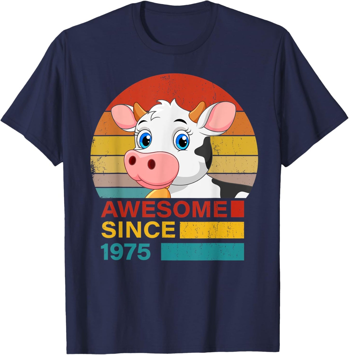 Cow 1975 Birthday Funny Vintage Cow Retro Sunset Farming T-Shirt - T-Shirt | Navy