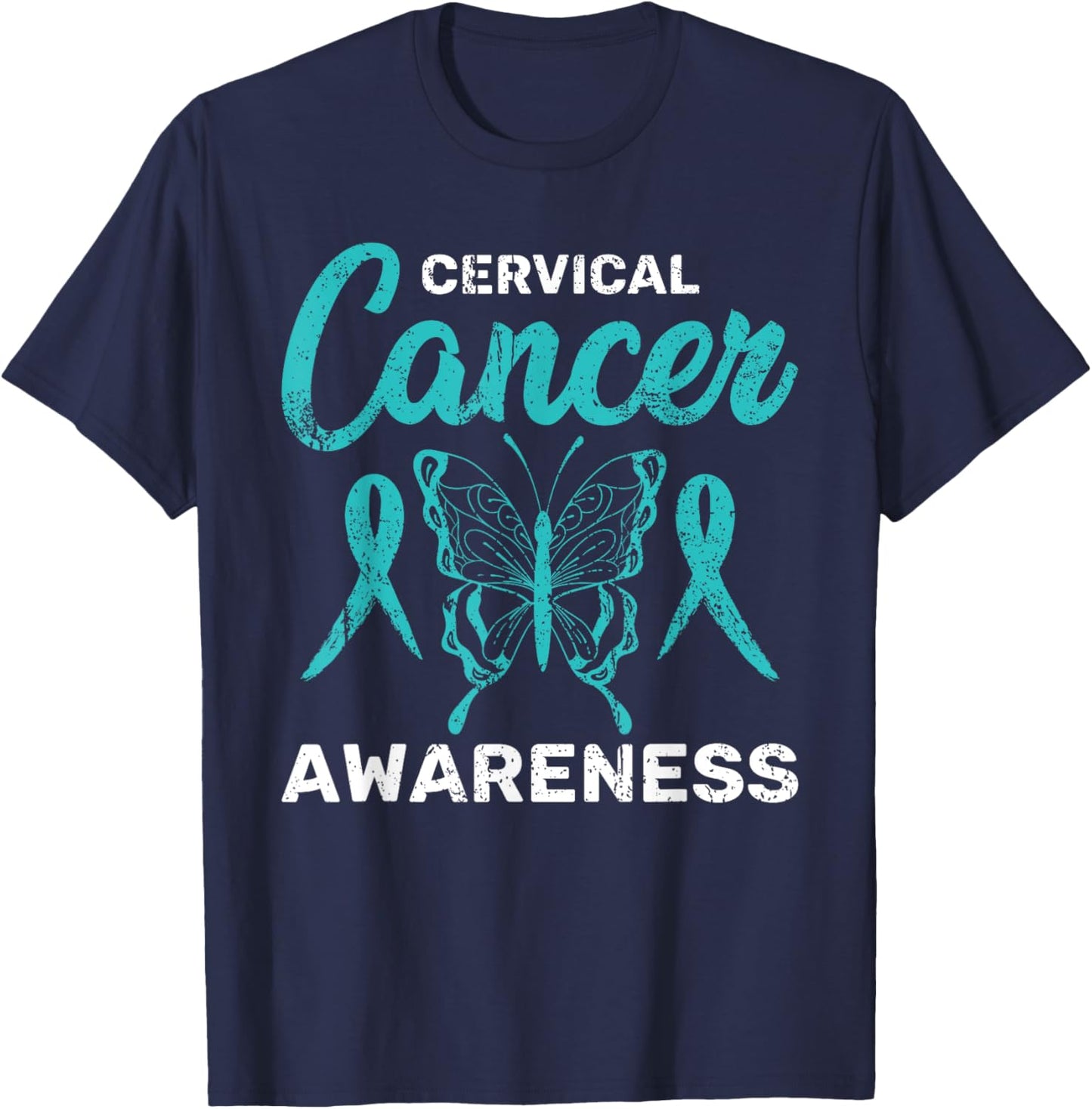 Teal Ribbon Butterfly Cancer Survivor Cervical Cancer T-Shirt - T-Shirt | Navy