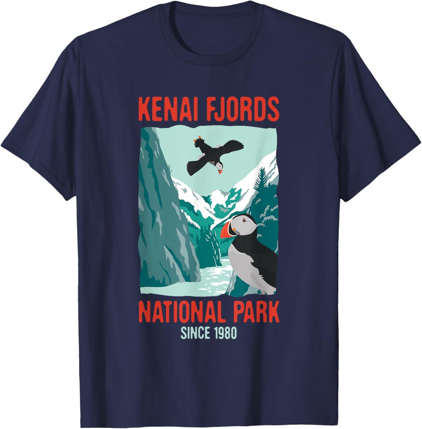 Kenai Fjords US National Park Puffin Bird Alaska Gift T-Shirt - T-Shirt | Navy