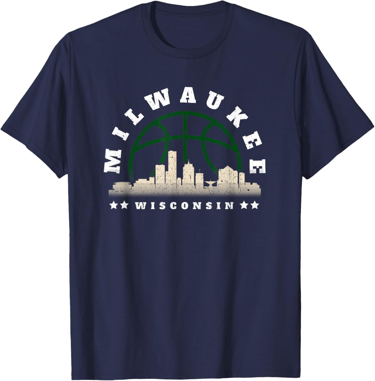 Milwaukee Wisconsin Vintage Basketball Cityscape T-Shirt - T-Shirt | Navy
