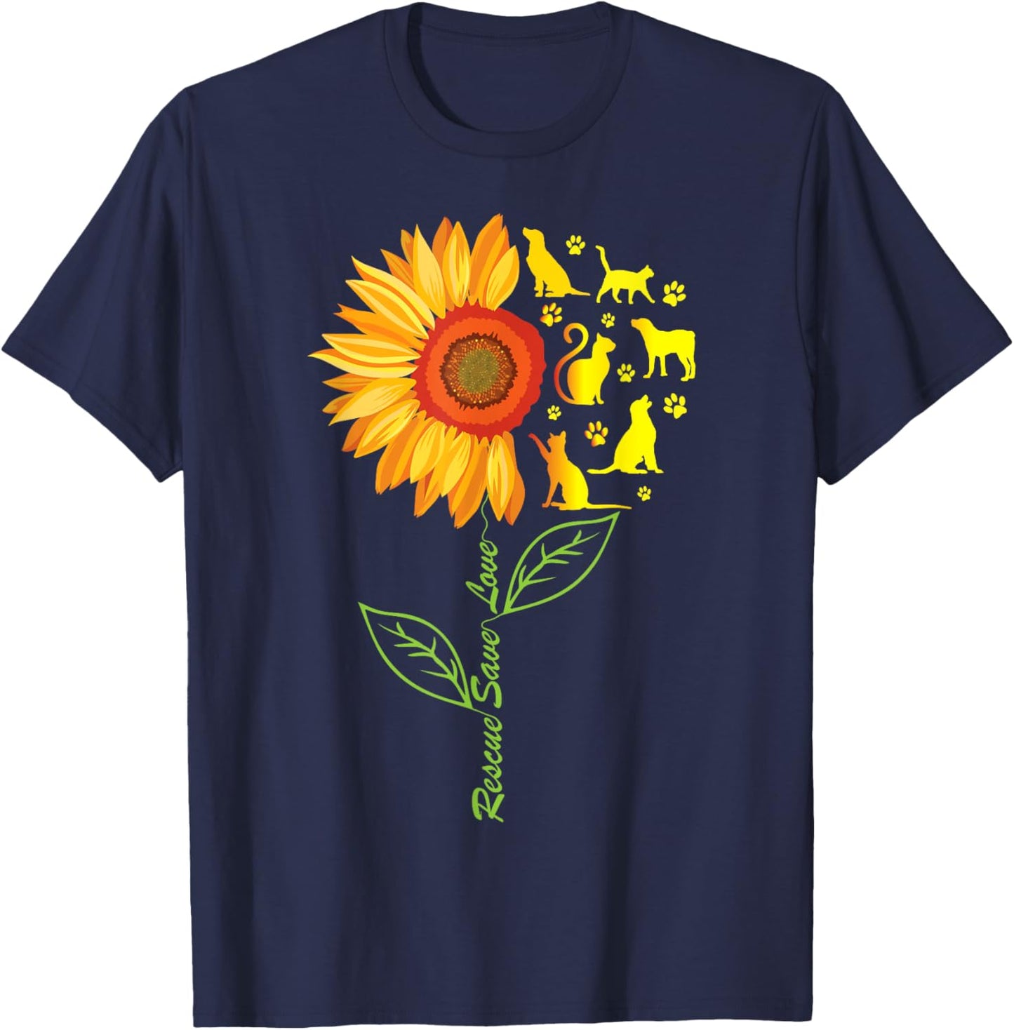 RESCUE SAVE LOVE Pet Animal Shelter Sunflower Gift Volunteer T-Shirt - T-Shirt | Navy