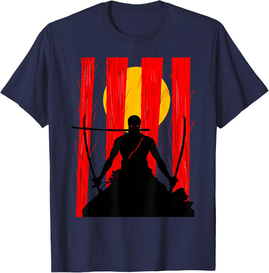 Japanese Retro Art Zoro Anime Graphic T-Shirt - T-Shirt | Navy