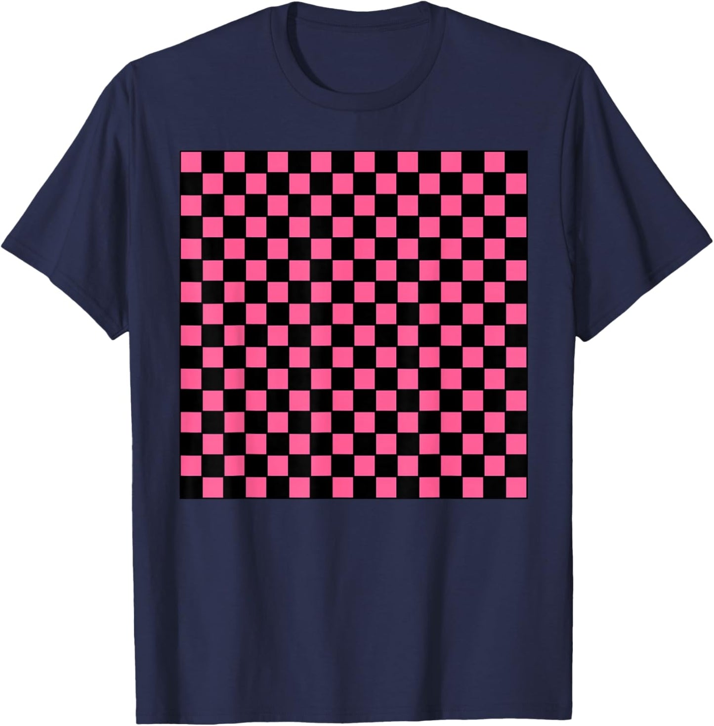 Black Hot Pink Checkerboard Pattern Checkered Gingham Check T-Shirt - T-Shirt | Navy