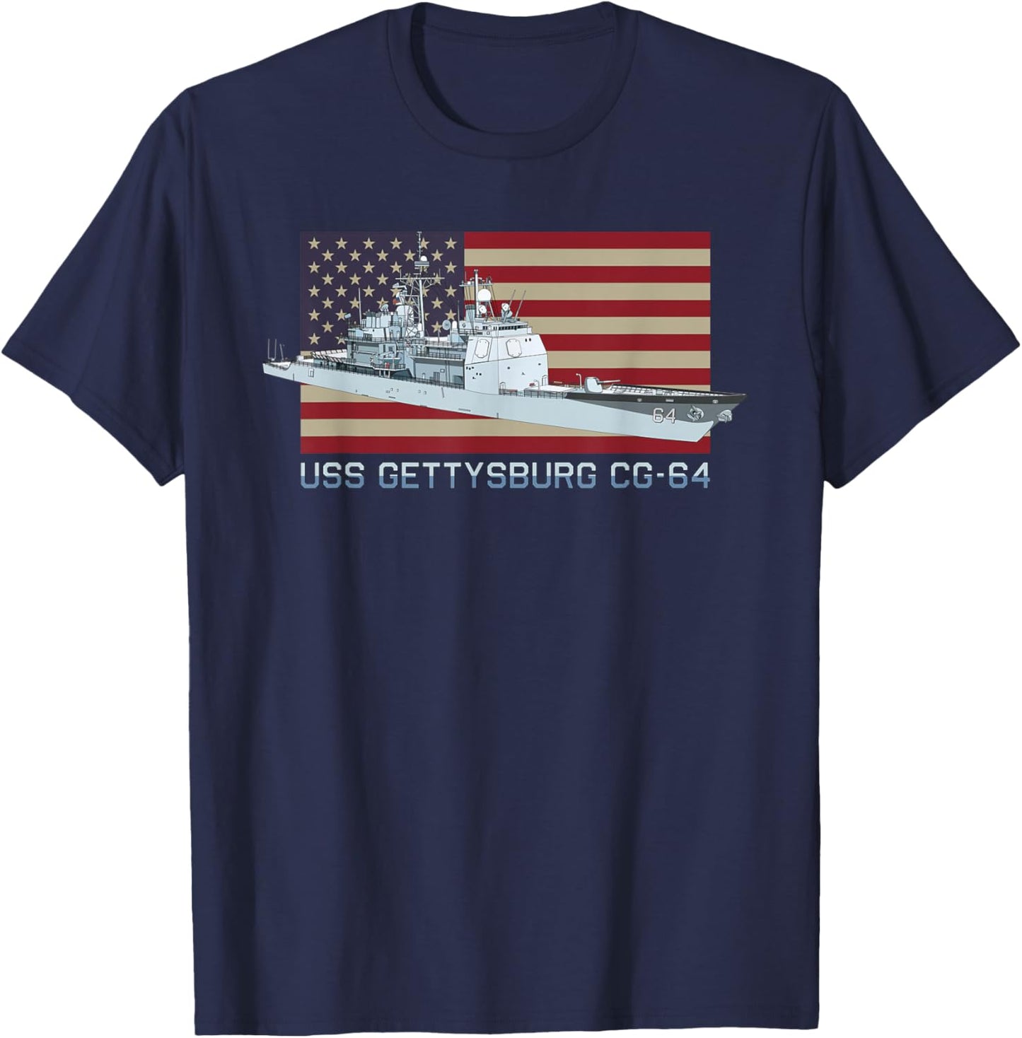 USS Gettysburg CG-64 Ship Diagram American Flag T-Shirt - T-Shirt | Navy
