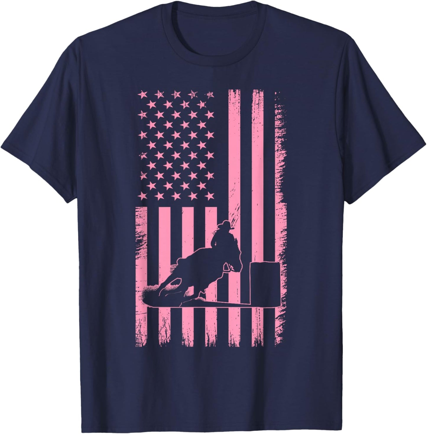 US Flag Pink Cowgirl Rodeo Western Horse Barrel Racing T-Shirt - T-Shirt | Navy