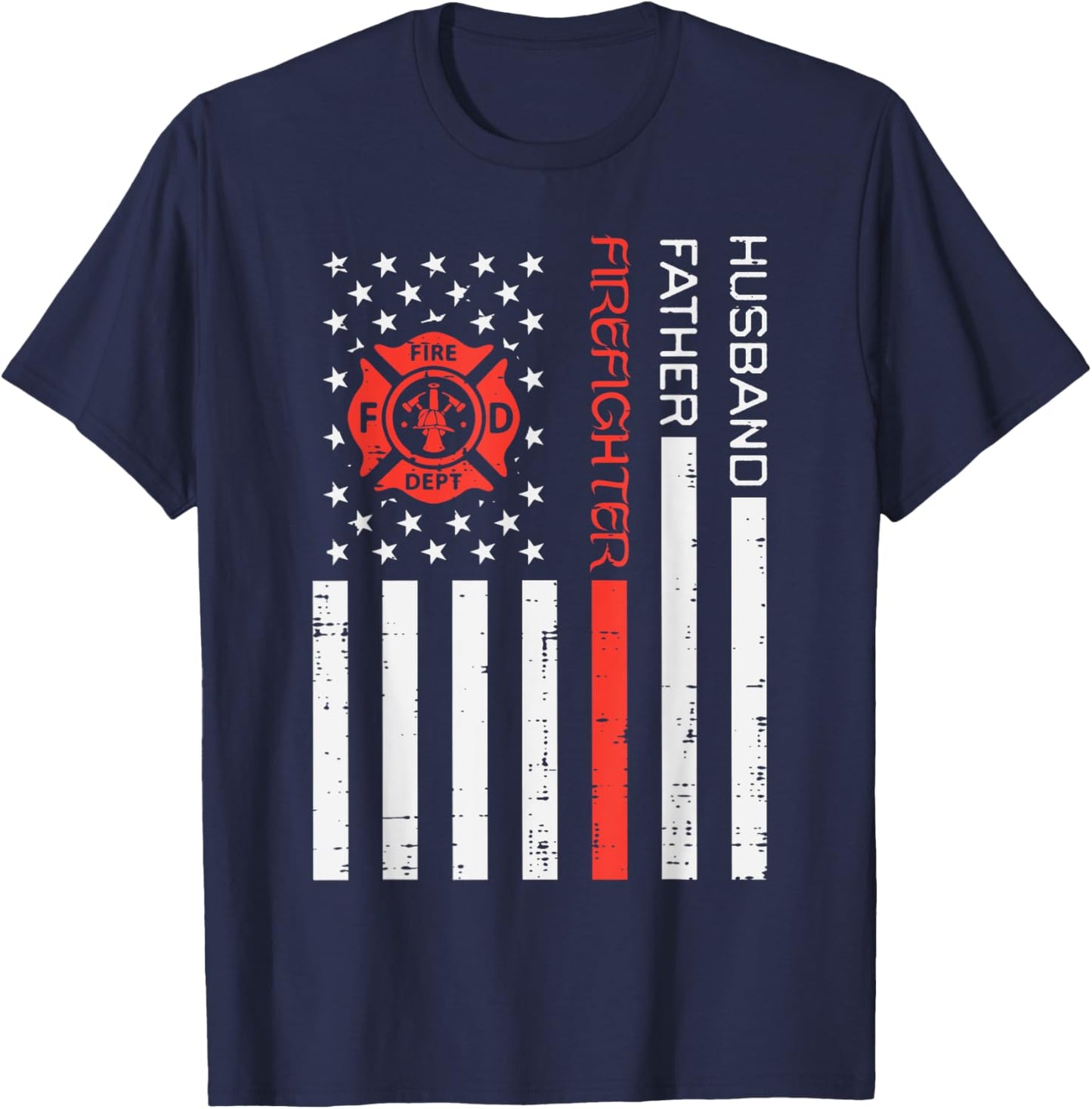 Husband Father Firefighter US Flag Red Line Fathers Day Men T-Shirt - T-Shirt | Navy
