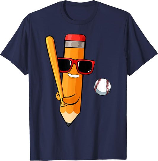 Baseball Player Pencil Back To School Cute Sport Students T-Shirt - T-Shirt | Navy