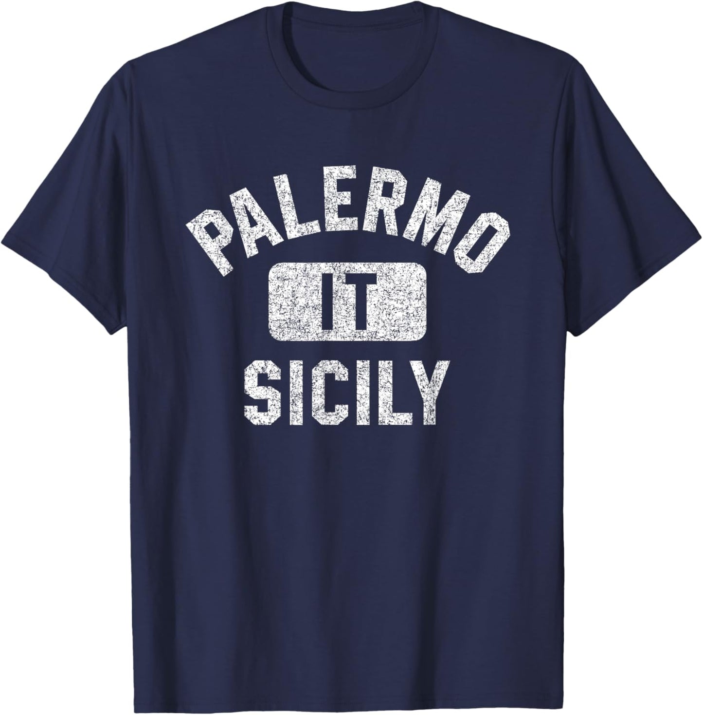 Palermo Sicily Gym Style Distressed White Print T-Shirt - T-Shirt | Navy
