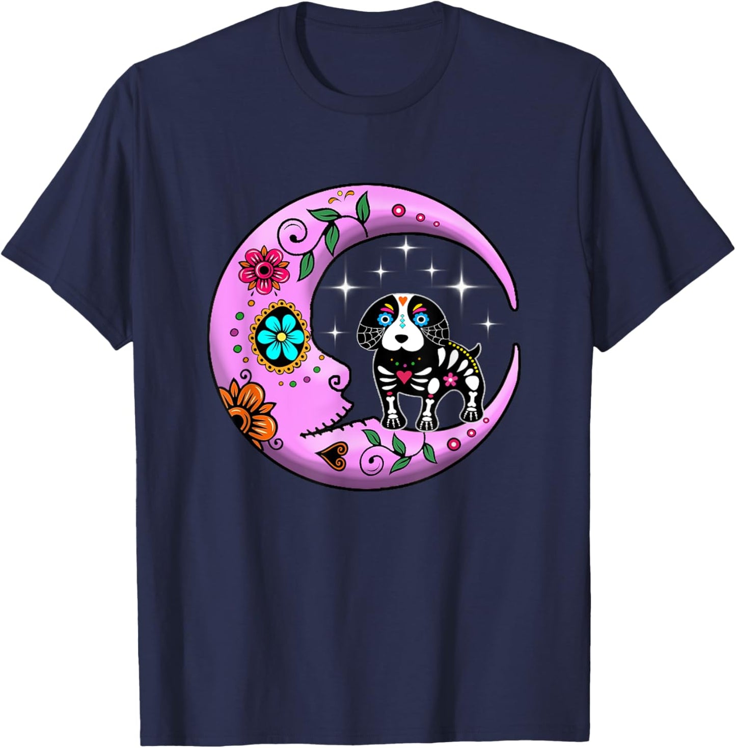 Dog & Moon Sugar Skull Dia de Los Muertos Funny Day Of Dead T-Shirt - T-Shirt | Navy